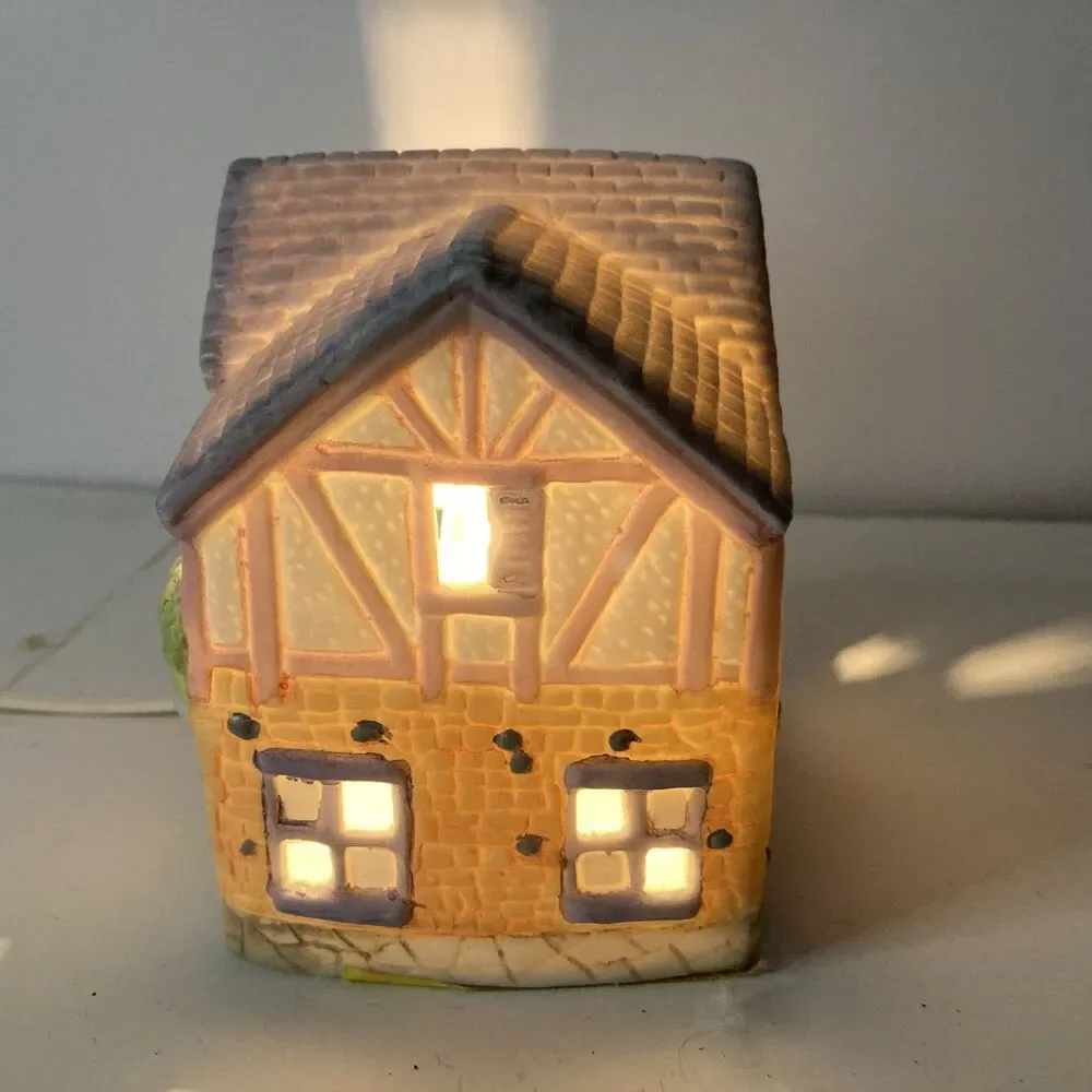 Lighthouse Cobblestone Home Village House 4” x 5” Vintage Light-Up Decor Shelf